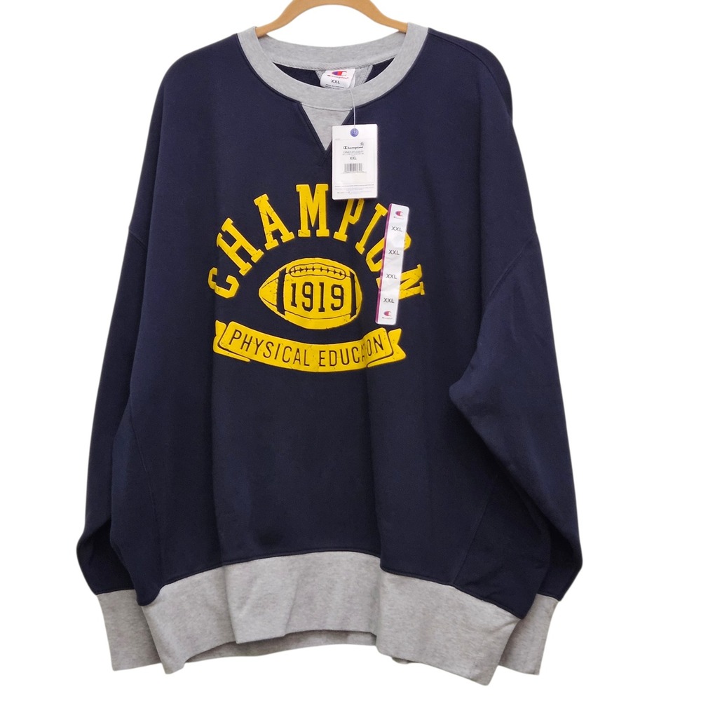 Champion NWT Sweatshirt Mens XXL Navy Gray Physical Education Graphic Loose Fit‎